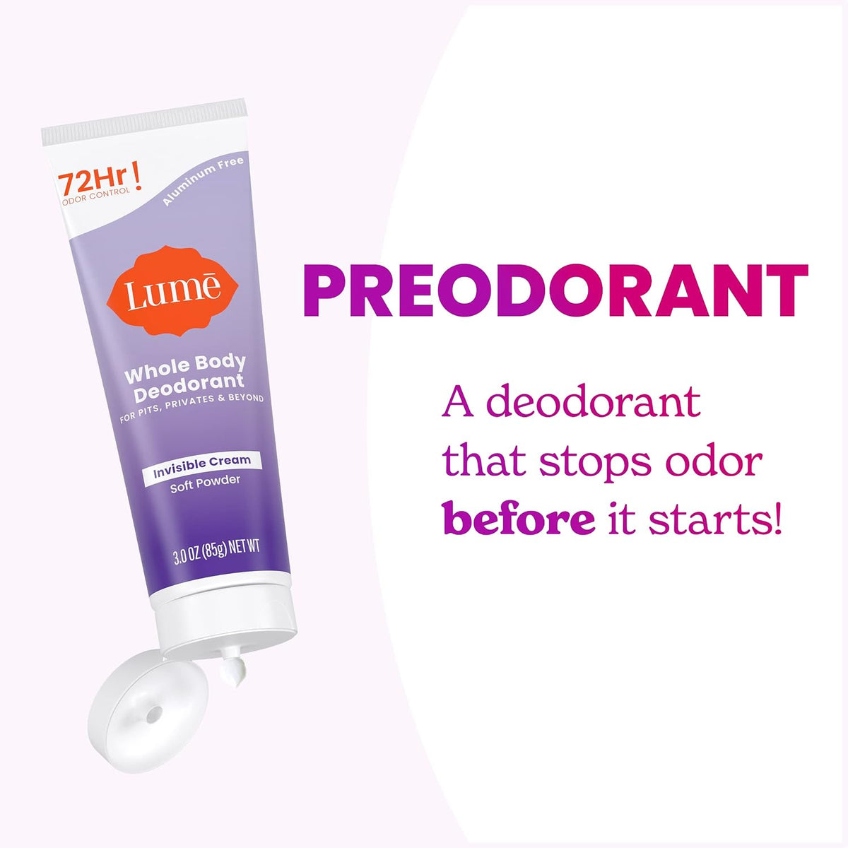 Lume Whole Body Deodorant - Invisible Cream Tube - 72 Hour Odor Control - Aluminum Free. Baking Soda Free. Skin Safe - 3.0 ounce (Soft Powder)